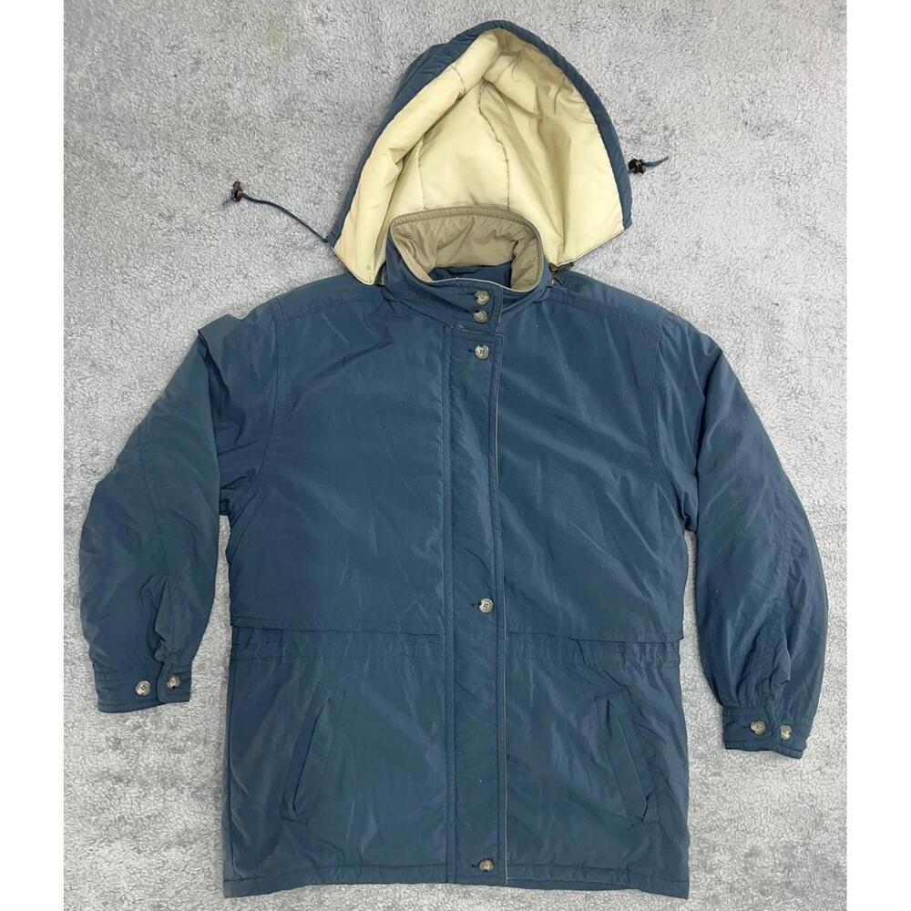 Vintage LL Bean Gore-Tex Jacket Women's M Blue Beige Lined Hood Pockets Zipper